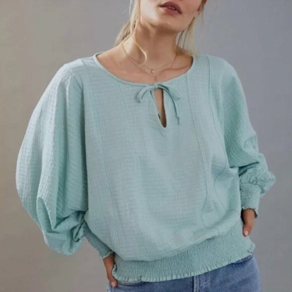 Anthropologie NWT Light Green Smocked Bat Sleeve Top